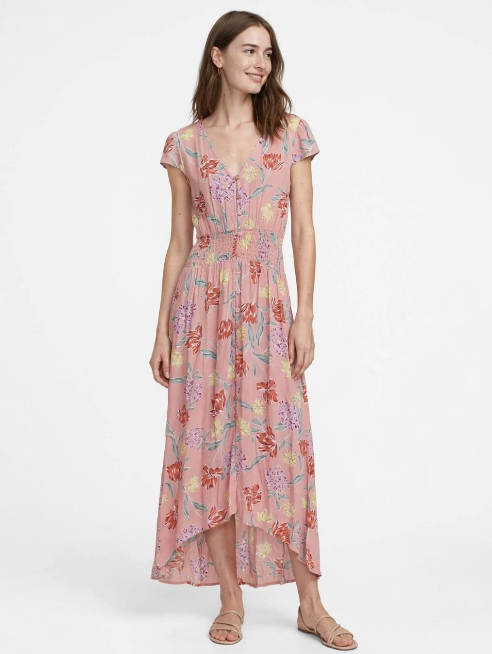 BeBop Button Down V Neck Cap Short Sleeve Hi-Low Hem Pink Floral Long Dress XS